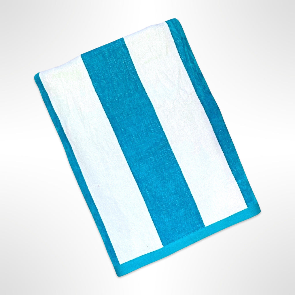 Personalised beach towel that is wide aqua blue and white stripe.