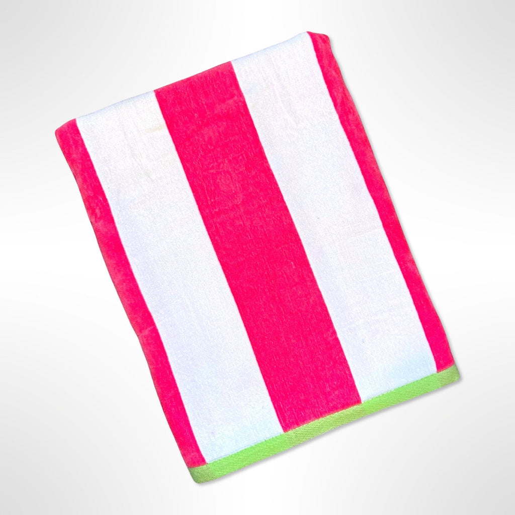 Personalised Watermelon Pink Stripe beach towel with wide stripes of alternating watermelon pink and white. The towel is edged in lime green.