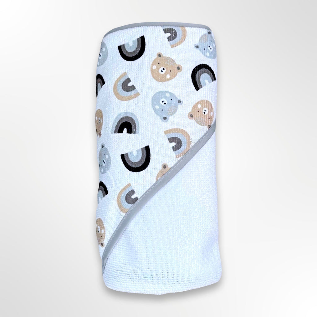 Personalised baby hooded towel - towel is white and hood has grey, brown and black bears and rainbows.