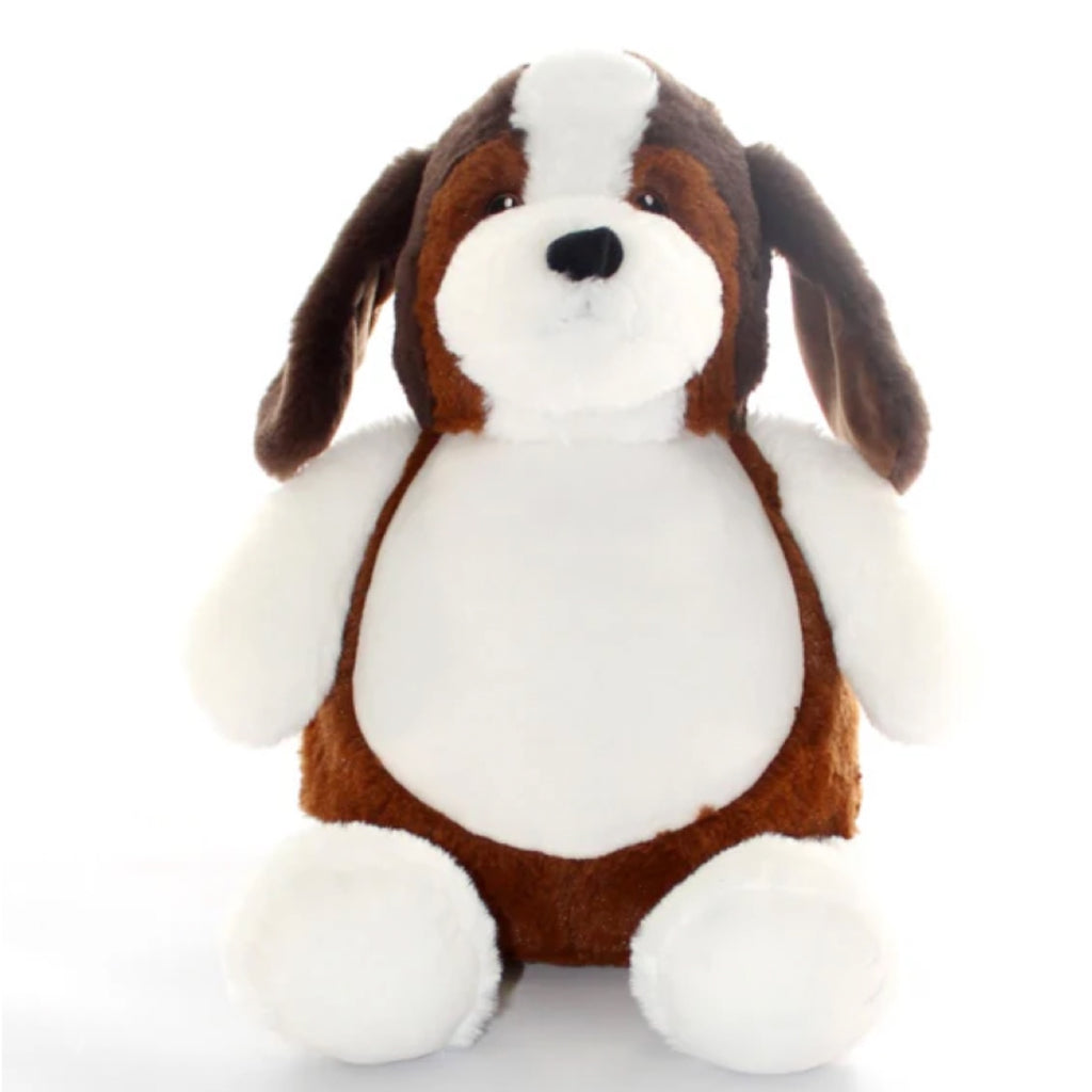Beagle dog plushie with a combination of dark brown and light brown fur with a white belly ready for embroidery personalisation.