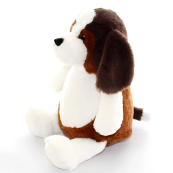 Side view of a beagle dog plushie with a combination of dark brown and light brown fur with a white belly ready for embroidery personalisation.