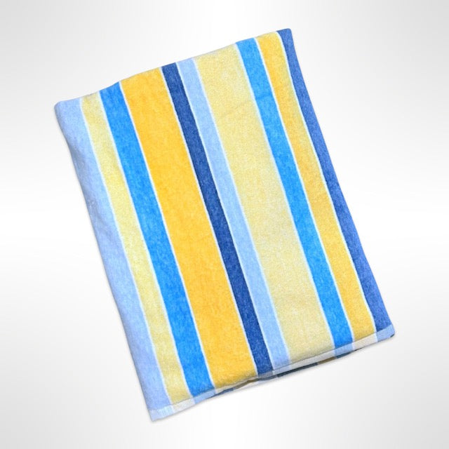 Large personalised beach towel with stripes in various shades of blue and yellow.