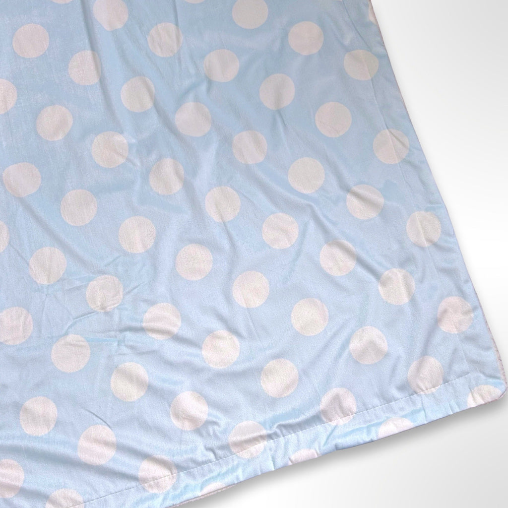 Double layer minky fleece blanket with large white posts on a light blue background ready to be personalised with an embroidered name