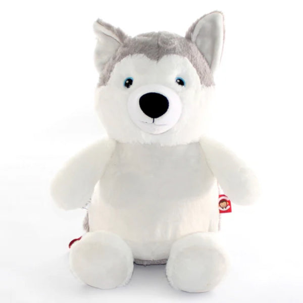 Grey and white husky plushie with white belly ready to be personalised.
