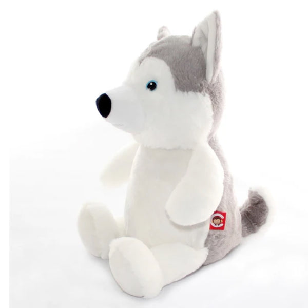 Side view of a grey and white husky plushie with white belly ready to be personalised.