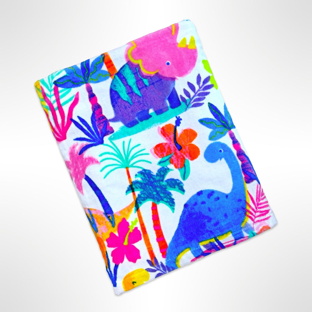Personalised childrens beach towel with bright and colourful dinosaurs in a jungle setting.