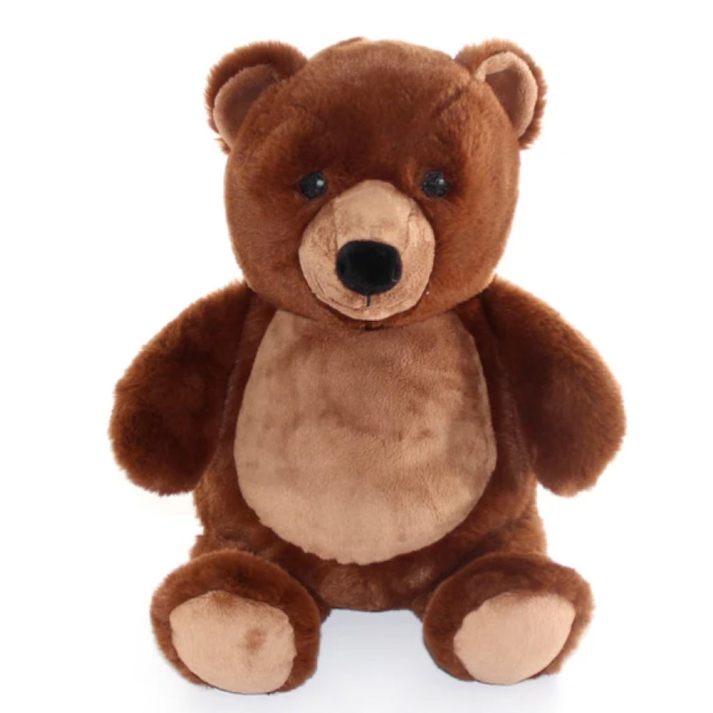 Dark brown grizzly bear plushie with light coloured belly ready for personalisation.