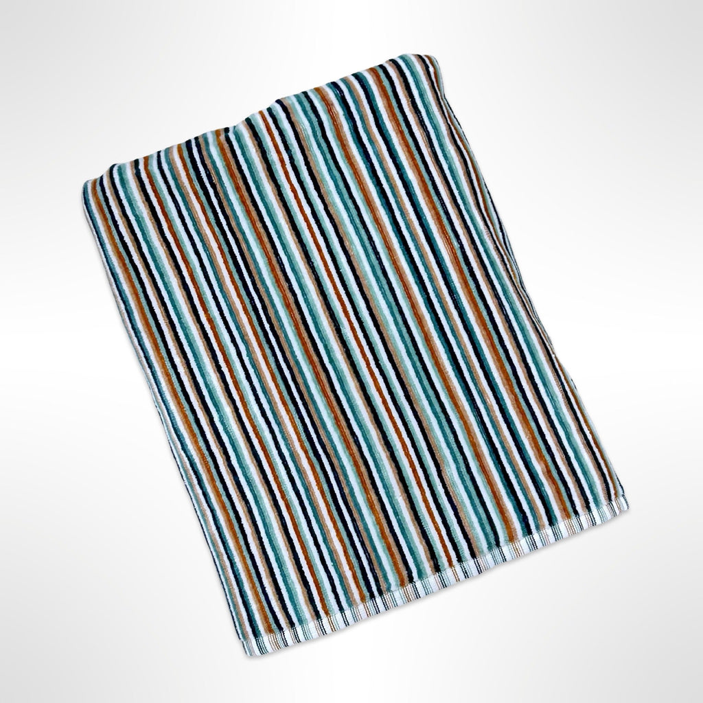 Personalised bath towel that has narrow stripes in green, gold and white.