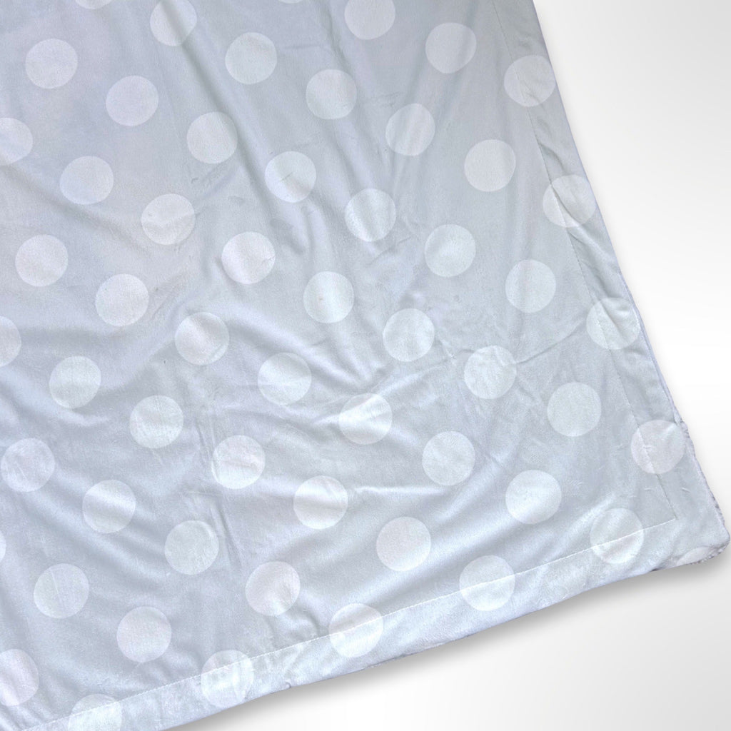 Double layer minky fleece blanket with large white posts on a silver grey background ready to be personalised with an embroidered name