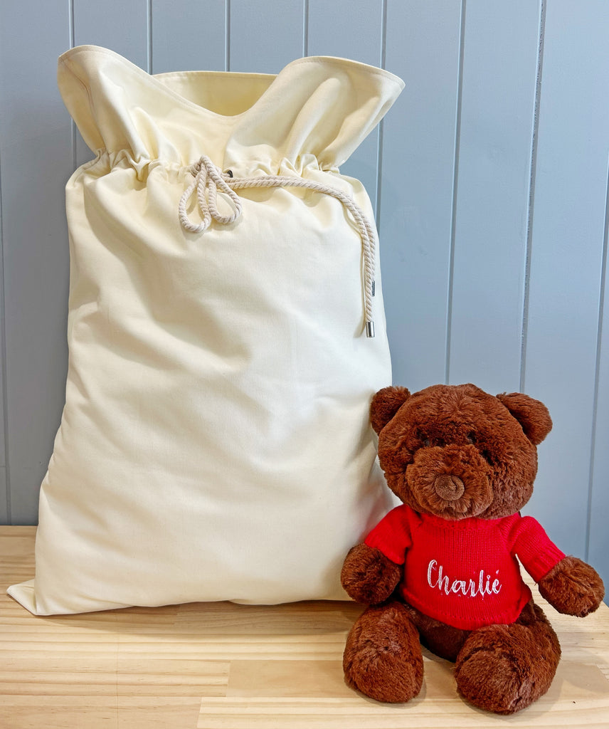 Large personalised cream santa sack.