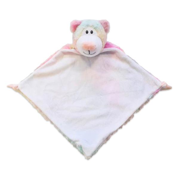 Pastel rainbow bear snugglie comforter ready to be personalised.