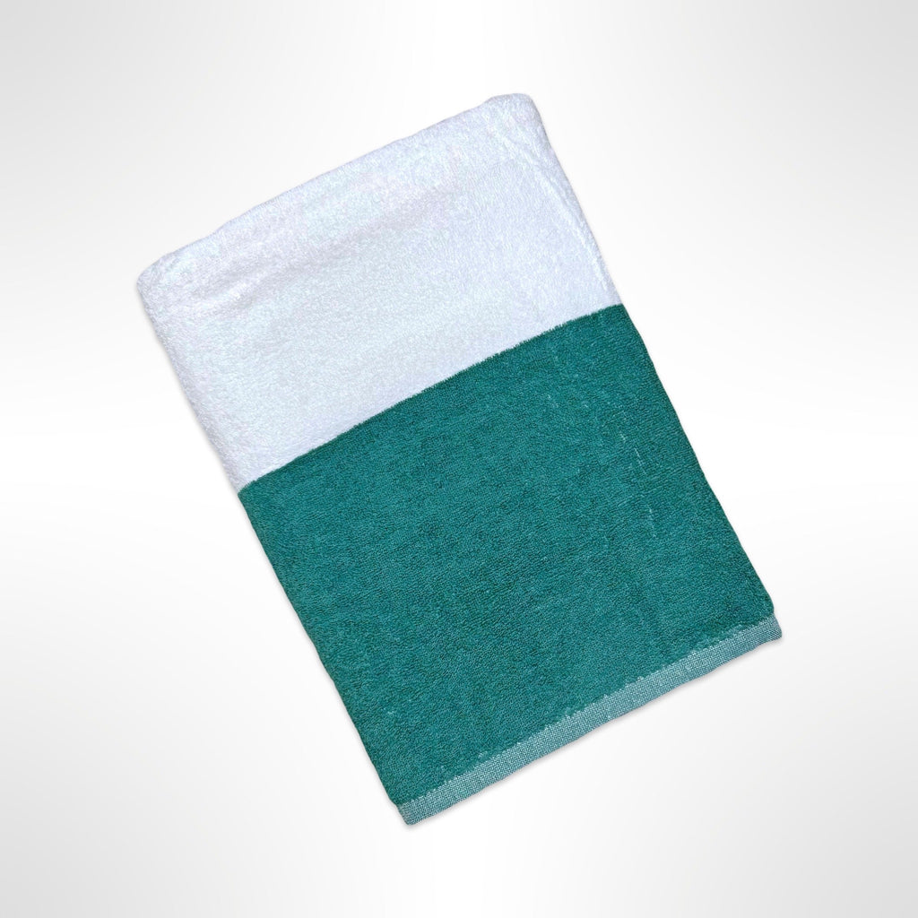 Beach towel with wide horizontal stripes in alternating dark green and white, ready to be personalised with a name.
