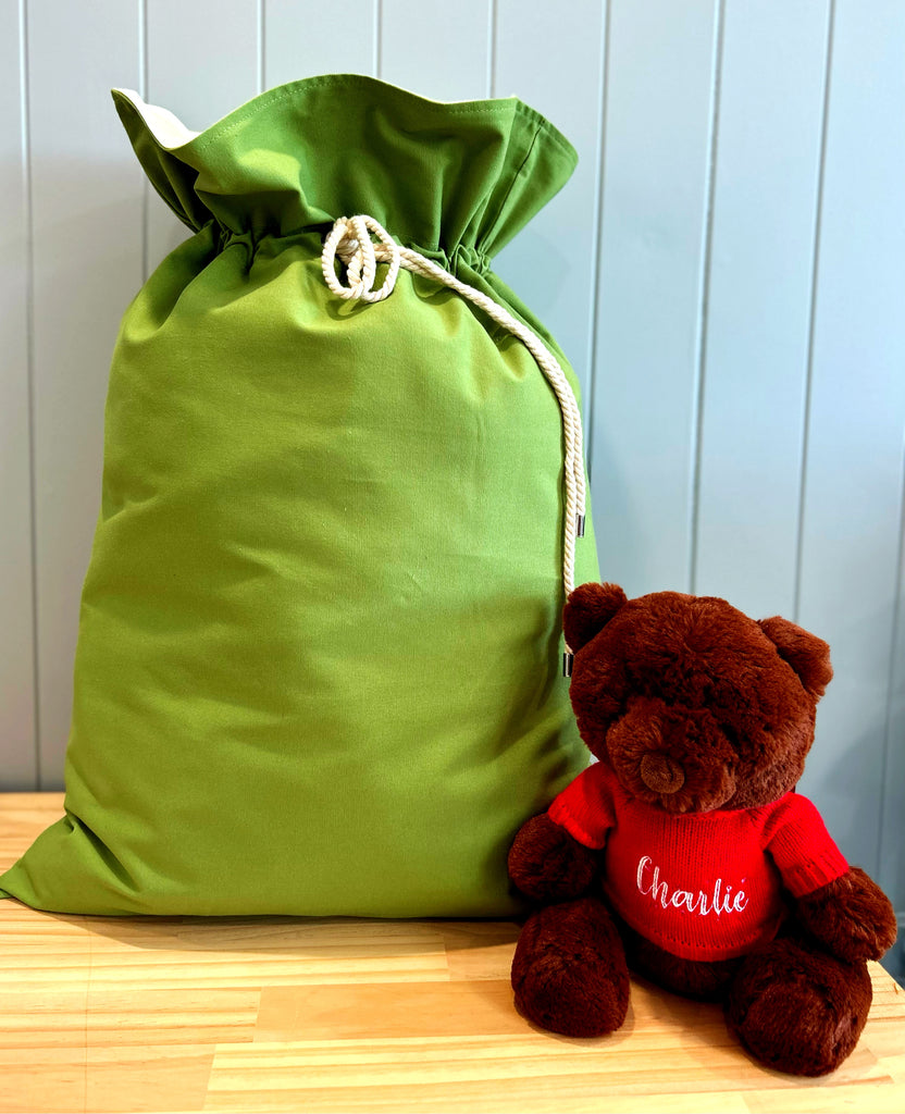 Large personalised green Santa sack.