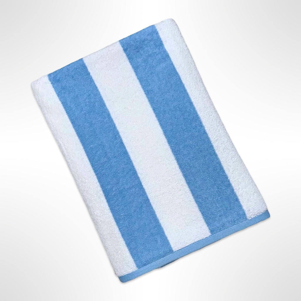 Light blue stripe beach towel ready to be personalised with a name.