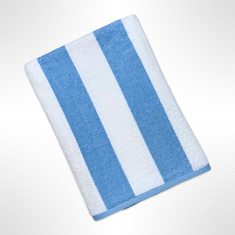 Light blue stripe beach towel ready to be personalised with a name.