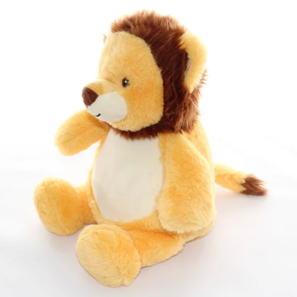 Side view of a light orange lion plushie with dark brown mane and pale coloured belly ready for embroidery.