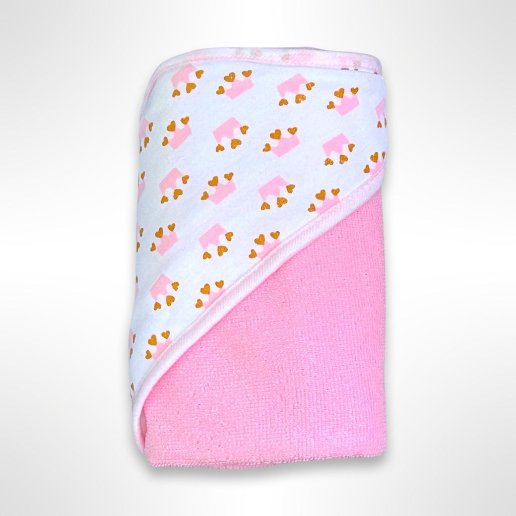 Pink personalised baby hooded towel - the hood is white with a pink and gold crown pattern.
