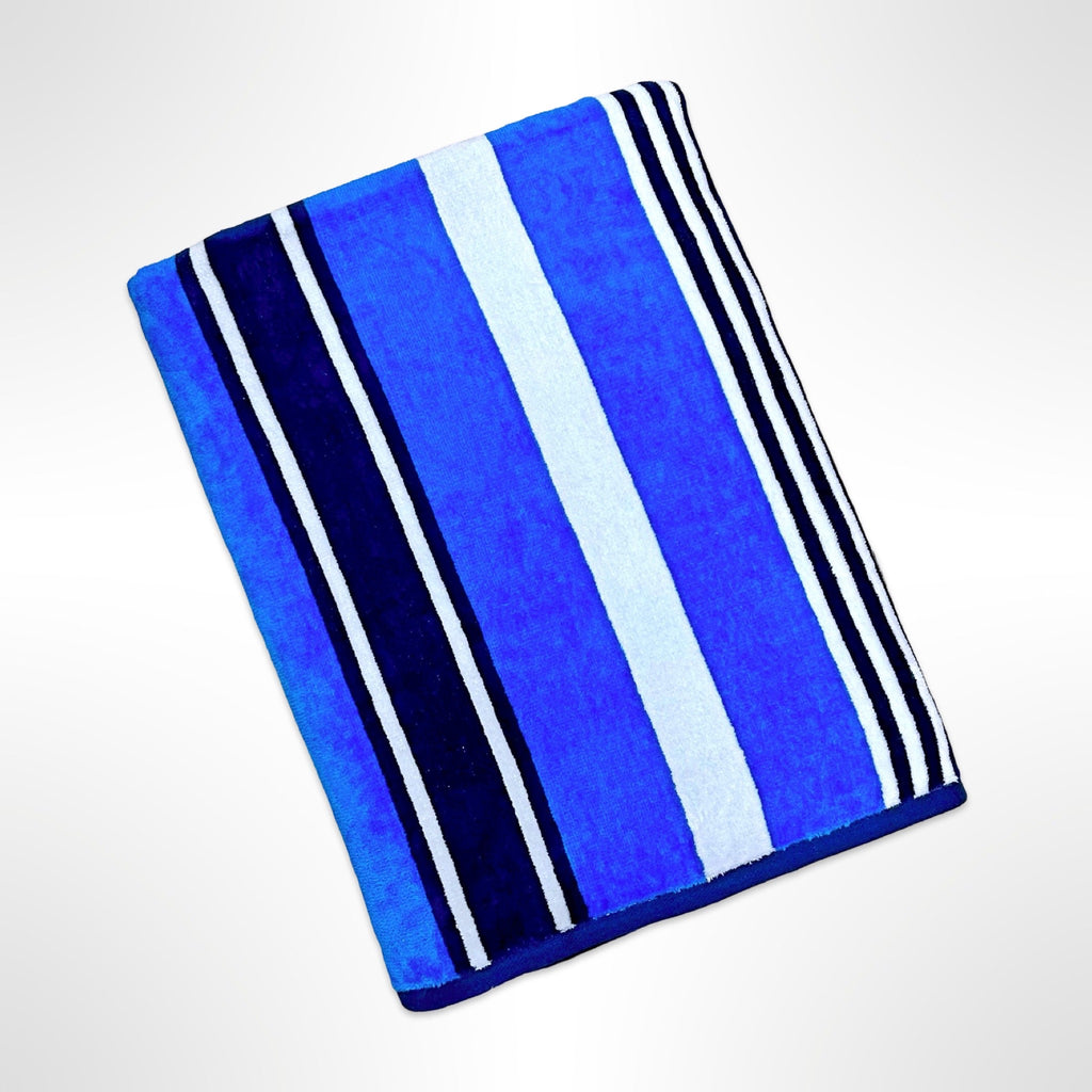Large personalised beach towel with vertical stripes of blue and white.