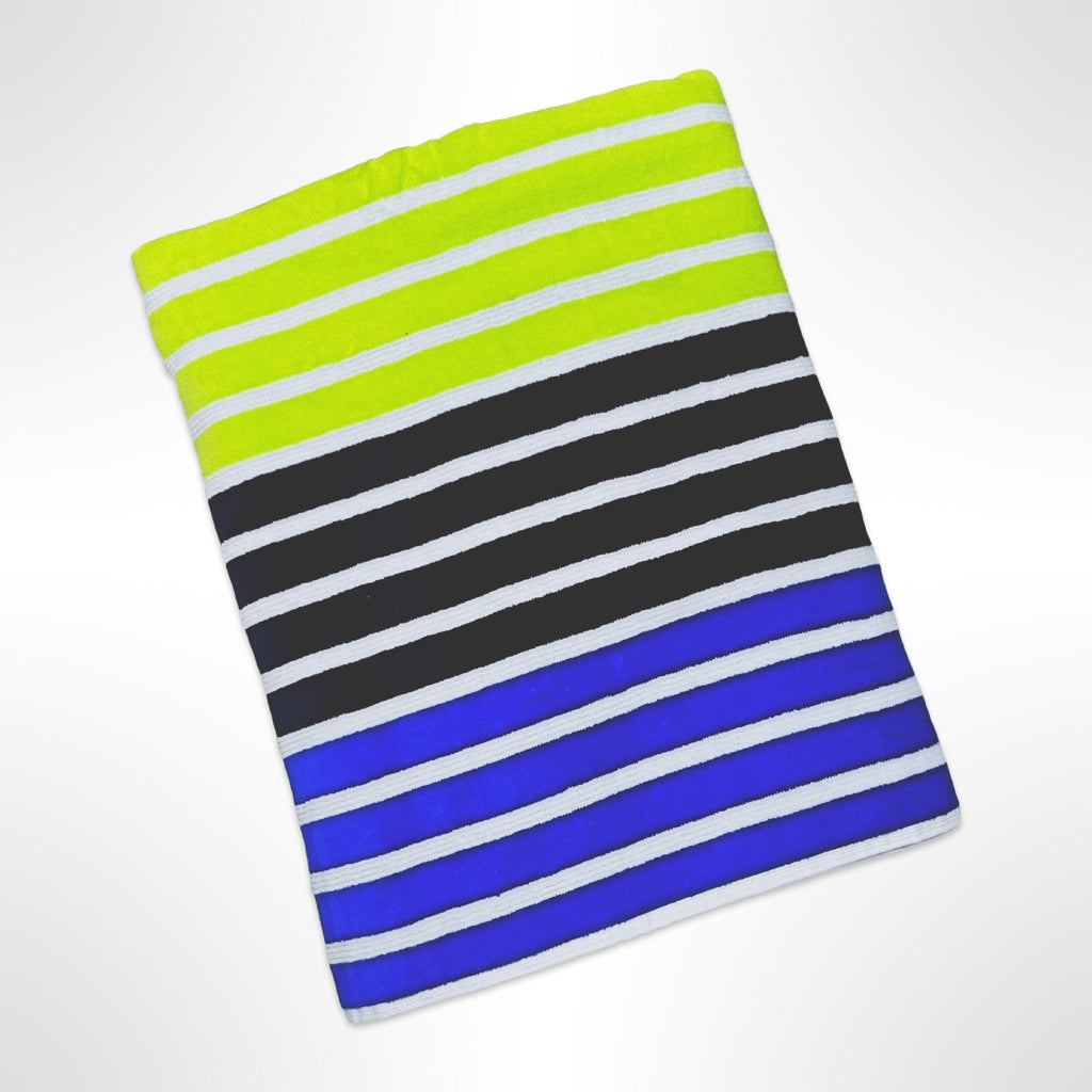 Large personalised beach towel with narrow stripes of blue, black and yellow.