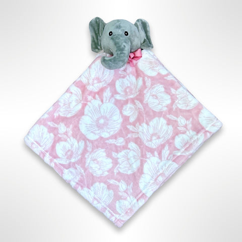 Baby blankie with grey elephant head in centre in pink and white floral minky fabric ready to be personalised