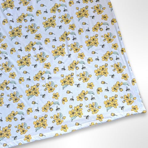 Double layer minky fleece blanket with a yellow wildflowers and bee pattern ready to be personalised with an embroidered name