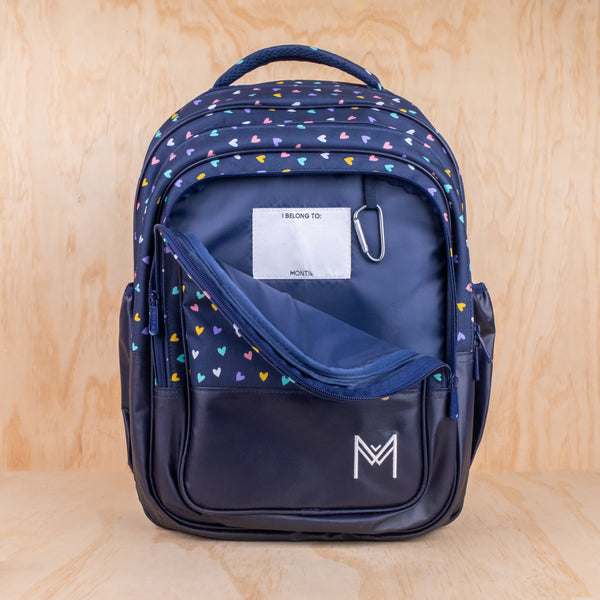Montiico Backpack with Hearts pattern showing inside of front pocket