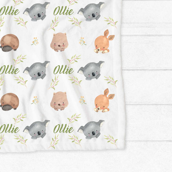 Personalised fleece minky blanket with australian animals including koala, kangaroo, wombats and platypus 