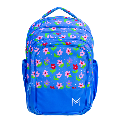Montiico Backpack with blue background covered in multi coloured flowers  and white spots
