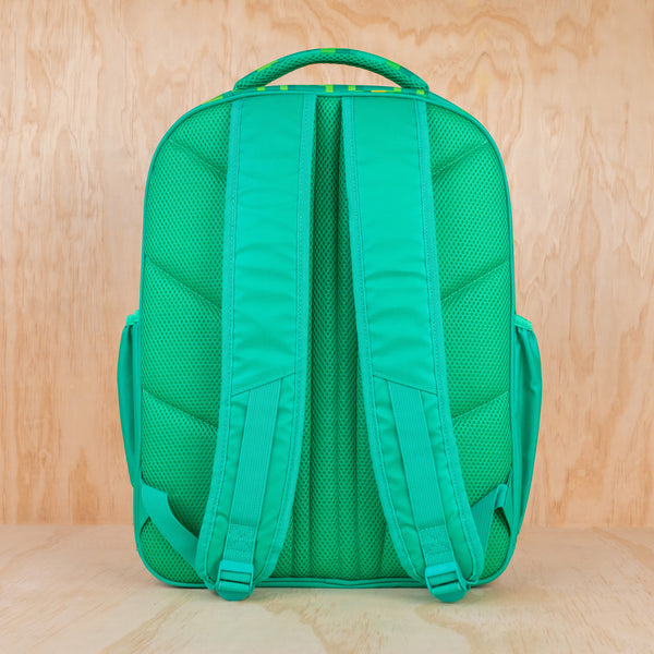Montiico Pixels Backpack showing the back view with green padded back straps