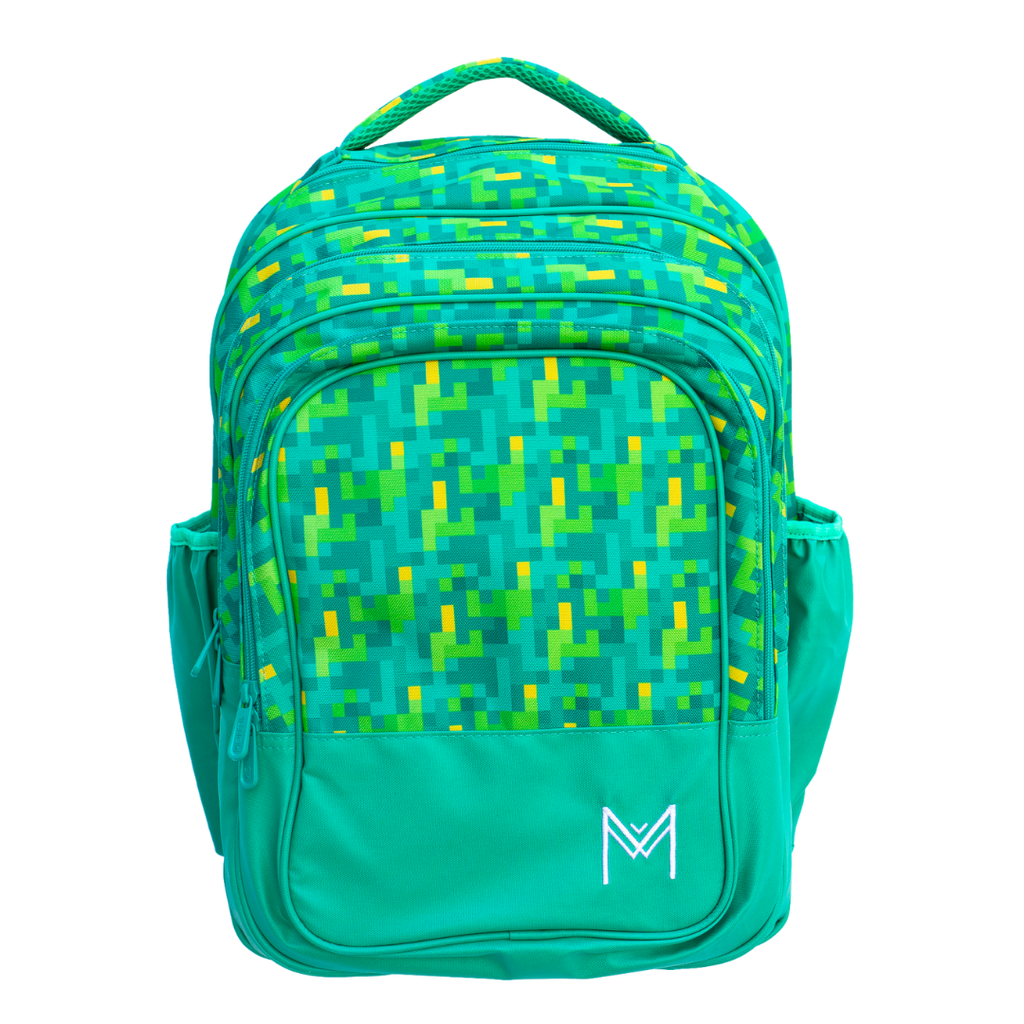 Montiico Backpack with a green background and green and yellow pixelated shades