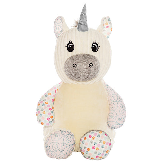 White unicorn plushie teddy with legs in accent fabrics of pink and silver swirl and pink, mint and grey spots with a white belly to be personalised