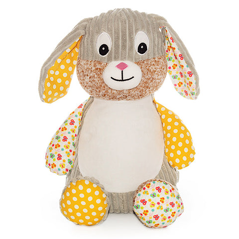 Yellow harlequin bunny plushie teddy with yellow and white spot fabric or colourful butterfly floral fabric on ears, arms and feet with a white belly ready to be personalised