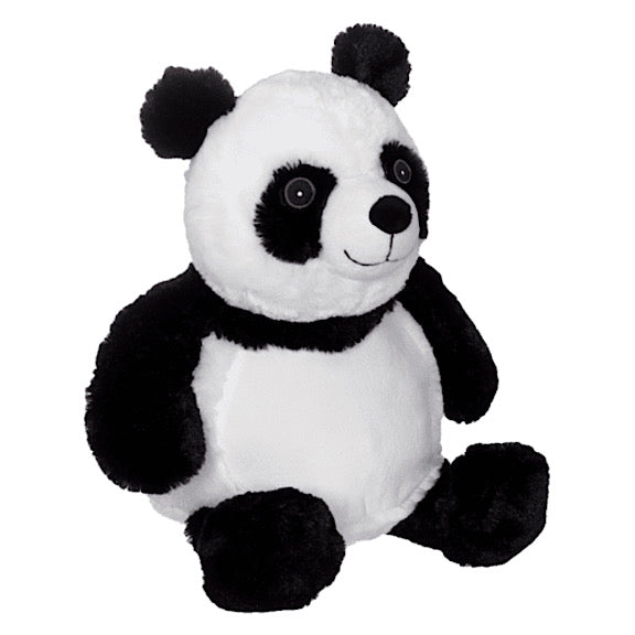 Black and white panda plushie teddy ready to be personalised on the tummy