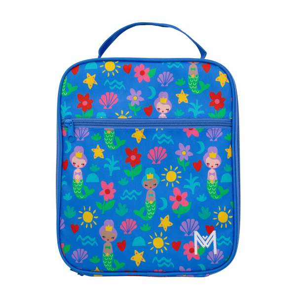 Montiico Large Lunch Bag with bright coloured merits, shells, waves and suns on a bright blue background