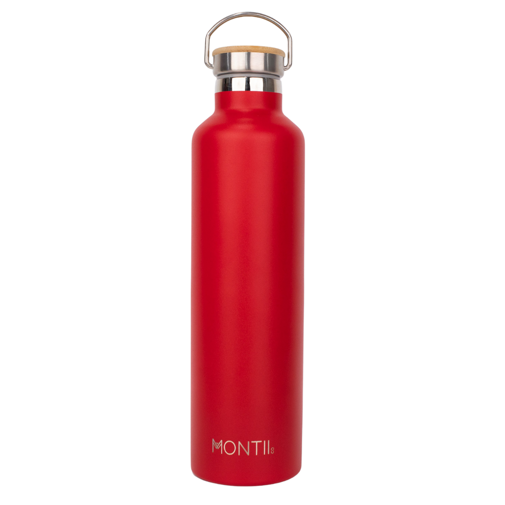 Montiico Mega Drink Bottle in the colour cherry red with bamboo screw top lid