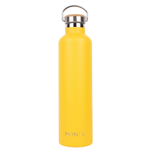 Montiico Mega Drink Bottle in the colour pineapple yellow with a bamboo screw top lid.