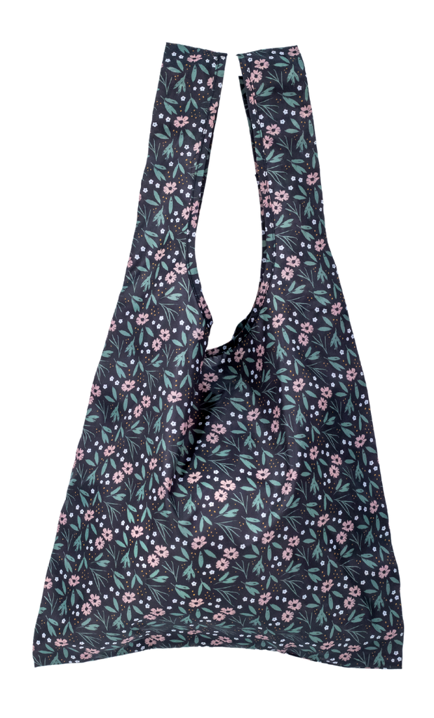 Reusable shopper bag in a black floral print.