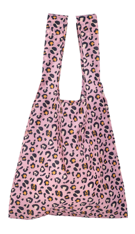 Reusable shopper bag in a light pink leopard print.
