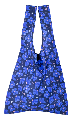Montiico reusable shopper bag in a blue floral print.