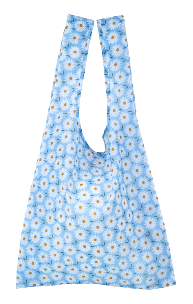 Montiico reusable shopper bag in a light blue and white daisy print.