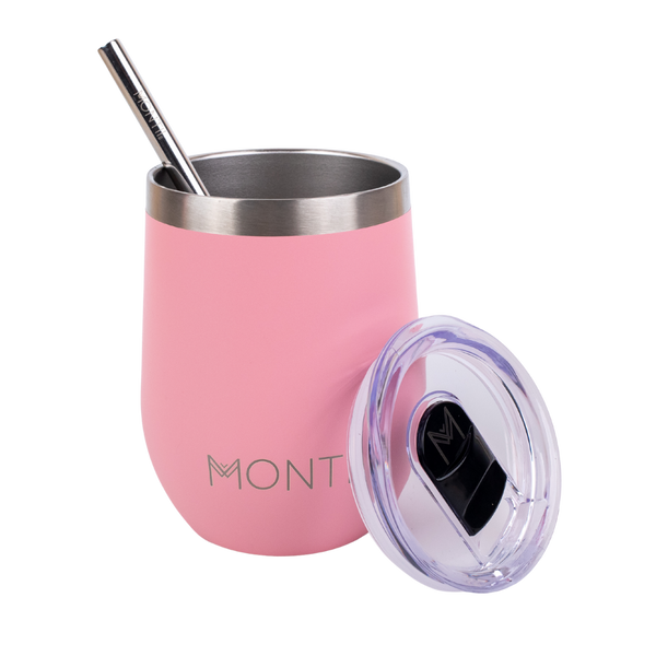 Montiico Insulated Tumbler in the colour strawberry pink with stainless steel straw and clear plastic lid
