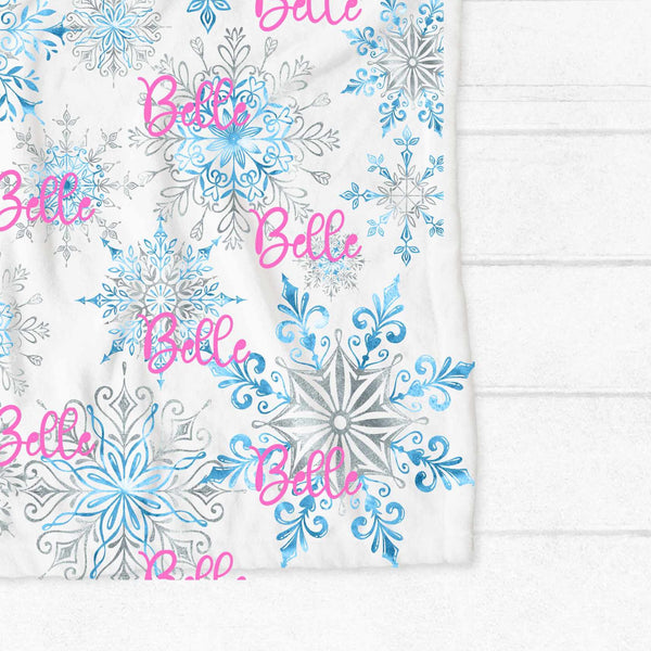 Personalised fleece minky blanket with a myriad of icy blue and silver snowflakes of varying sizes