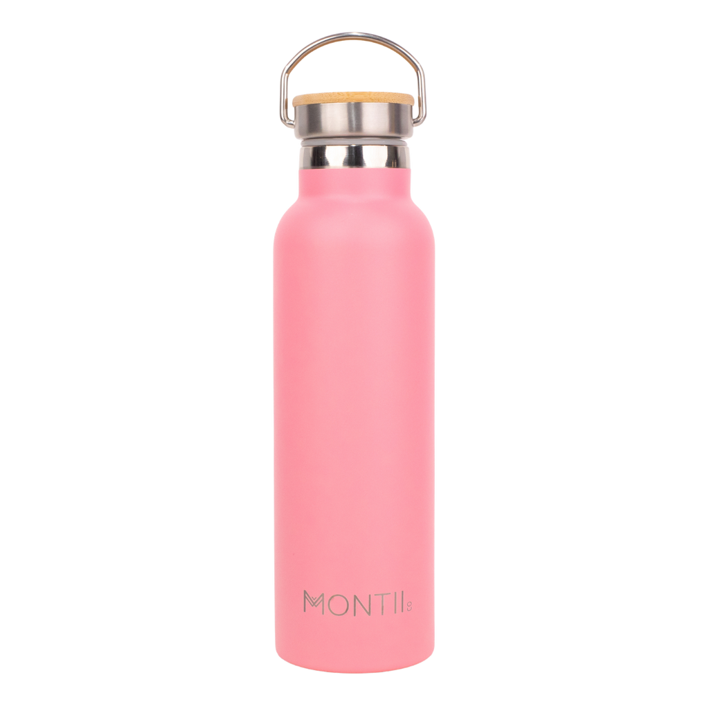 Montiico Original Drink Bottle in the colour strawberry pink with bamboo screw top lid