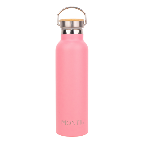 Montiico Original Drink Bottle in the colour strawberry pink with bamboo screw top lid