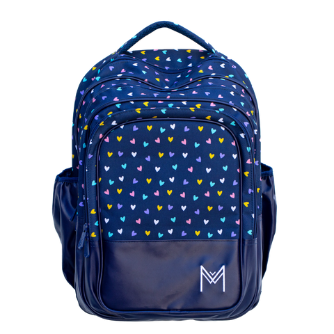Montiico Backpack with dark blue background covered in a pattern of multi-coloured small hearts