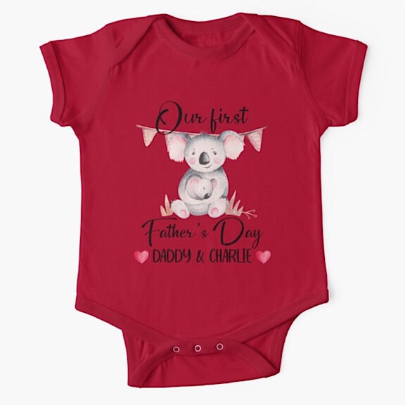 Personalised red short sleeved baby onesie bodysuit for daddys first fathers day with the names of both father and child combined with a watercolour painting of a daddy koala bear hugging a baby koala bear