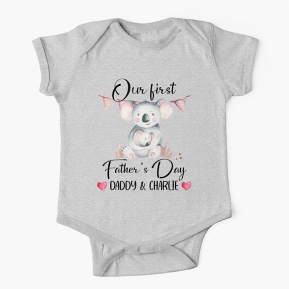 Personalised light grey short sleeved baby onesie bodysuit for daddys first fathers day with the names of both father and child combined with a watercolour painting of a daddy koala bear hugging a baby koala bear