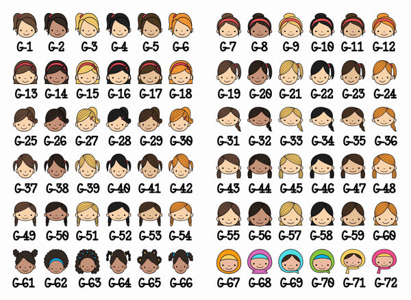 Graphic of girl faces in different hair styles and colours and skin colours to pick from for personalised blankets