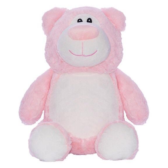 Pink bear plushie with embroidered personalised love heart message