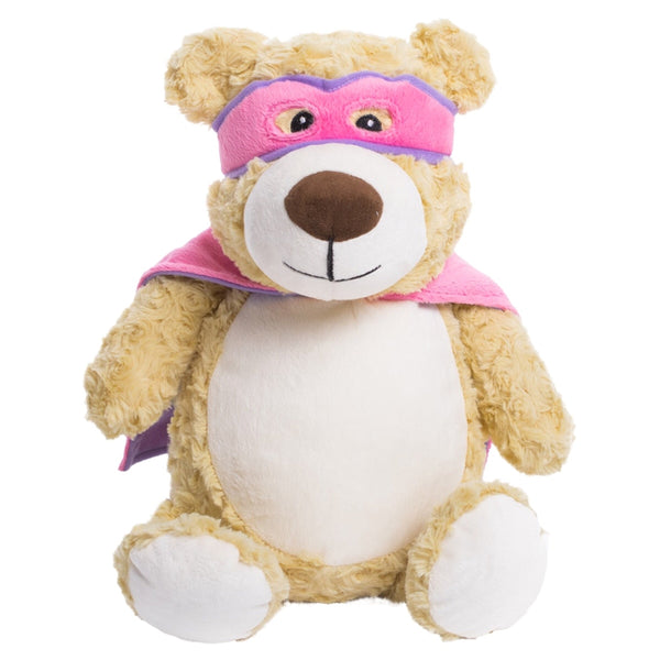 Pink hero bear plushie with embroidered personalised love heart message